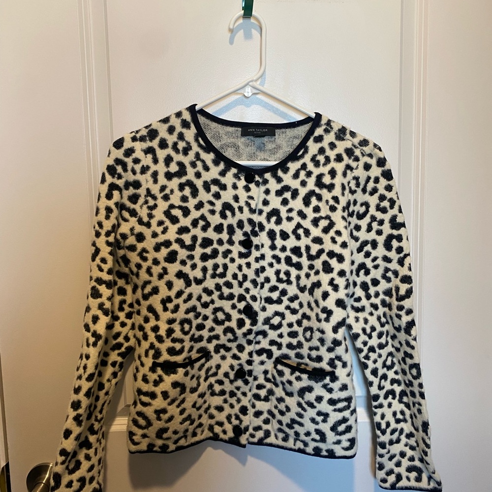 Ann Taylor Petite Black and White Snow Leopard Print Knit Button Down Cardigan